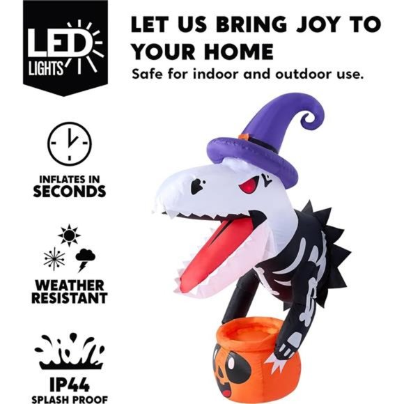 Animated 4.5ft Halloween Inflatable Skeleton Dinosaur with...